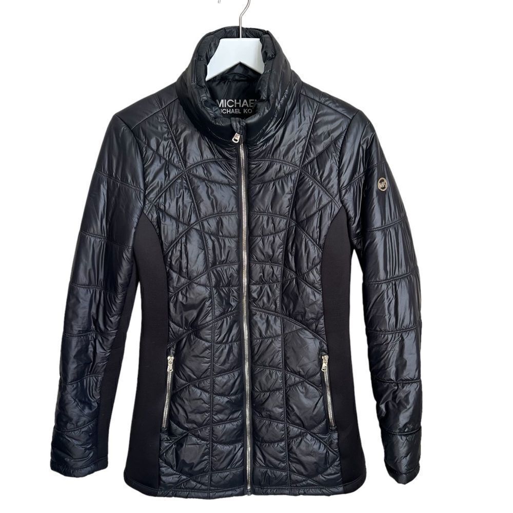 Michael Kors Quilted Jacket Short Coat size Small Black Neoprene Zip Up MK Logo